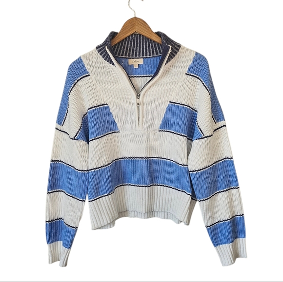 Elan Sweaters - Elan Sloane Cotton Blend Half-Zip Pullover Sweater Blue Ivory Contemporary Sz S